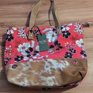 MYRA Tote Bag Floral and Faux Cow Hide Red/White Genuine Leather Straps
